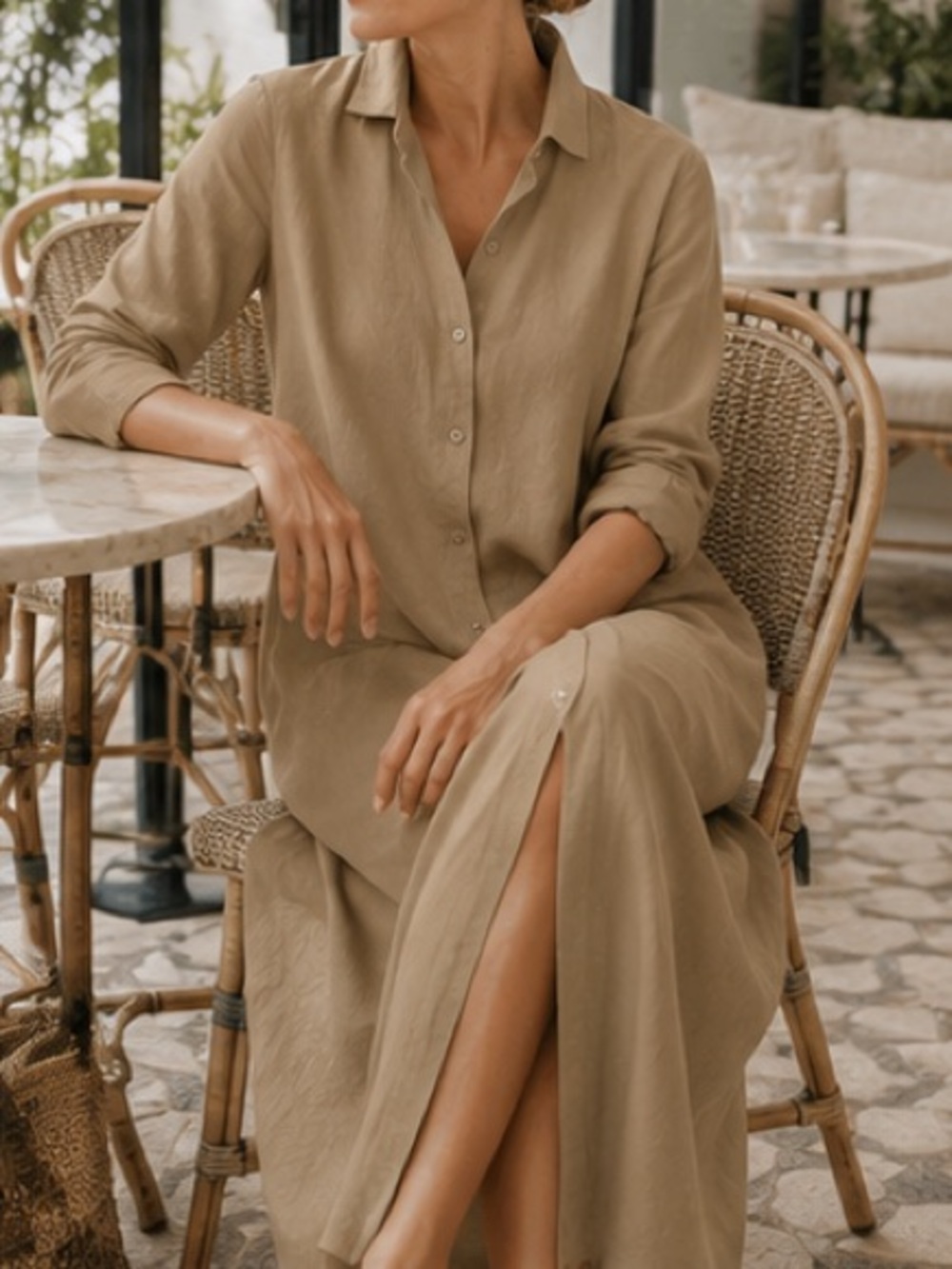 NWT Unbranded 100% Cotton Maxi Shirt Dress Khaki Long Sleeve Excellent Size L - Picture 5 of 5